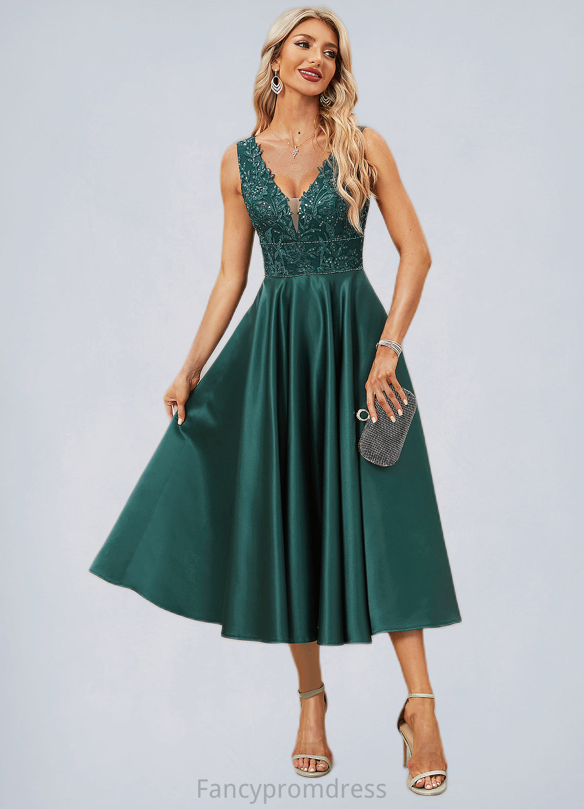 Mareli A-line V-Neck Tea-Length Lace Satin Evening Dress With Sequins DRP0022270