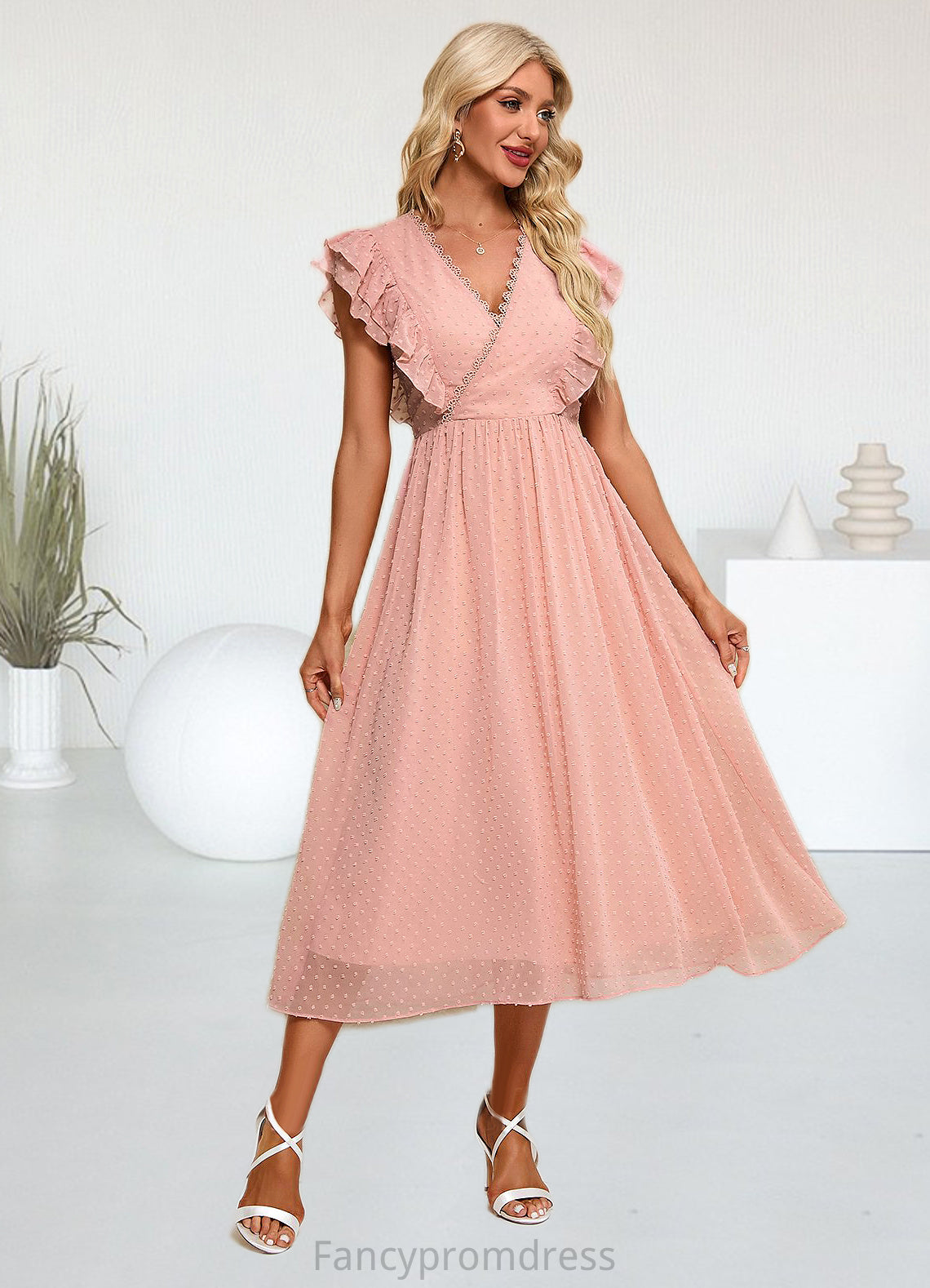 Piper Jacquard V-Neck Elegant A-line Chiffon Midi Dresses DRP0022278