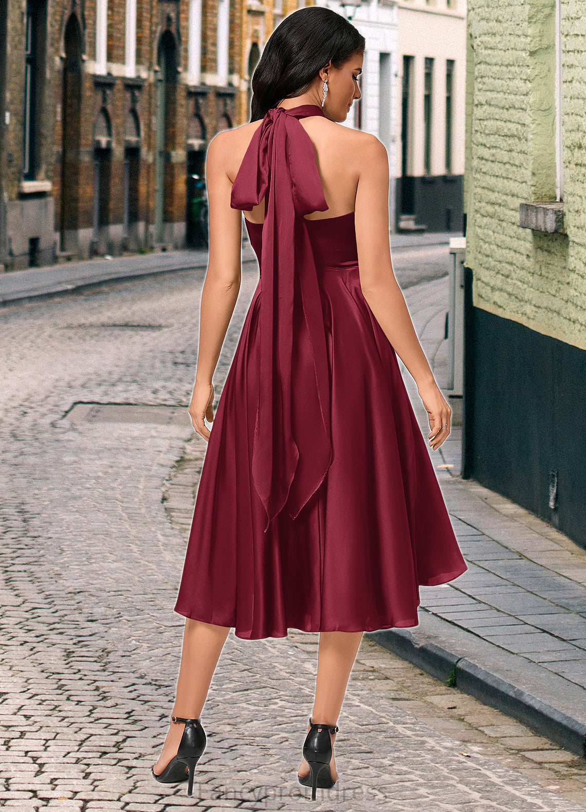 Elyse A-line Halter One Shoulder V-Neck Asymmetrical Silky Satin Cocktail Dress With Ruffle DRP0022280