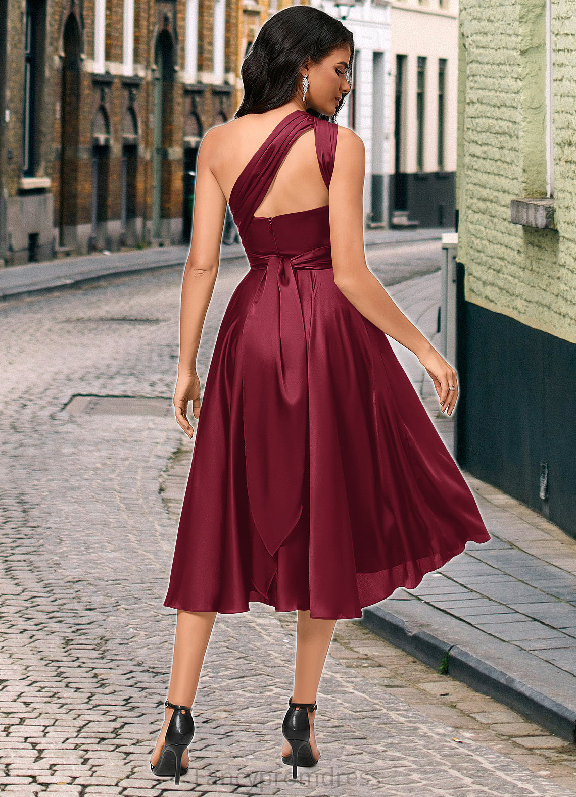 Elyse A-line Halter One Shoulder V-Neck Asymmetrical Silky Satin Cocktail Dress With Ruffle DRP0022280