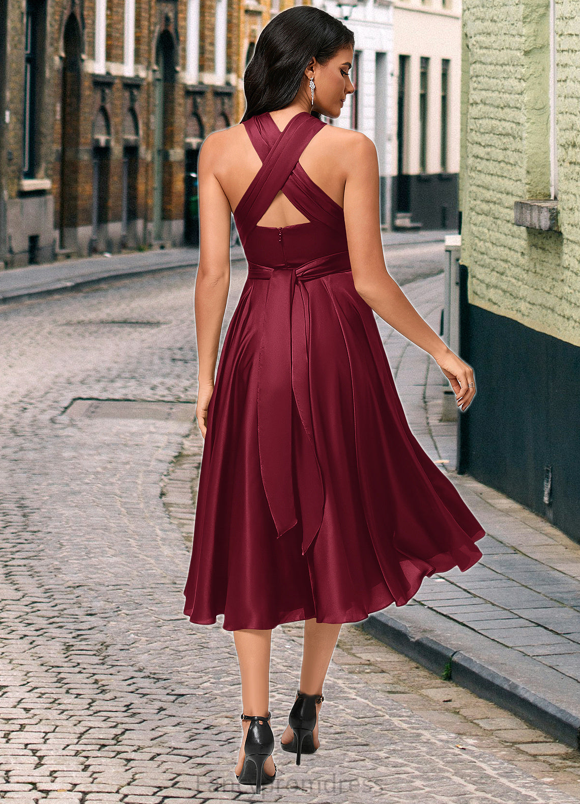 Elyse A-line Halter One Shoulder V-Neck Asymmetrical Silky Satin Cocktail Dress With Ruffle DRP0022280