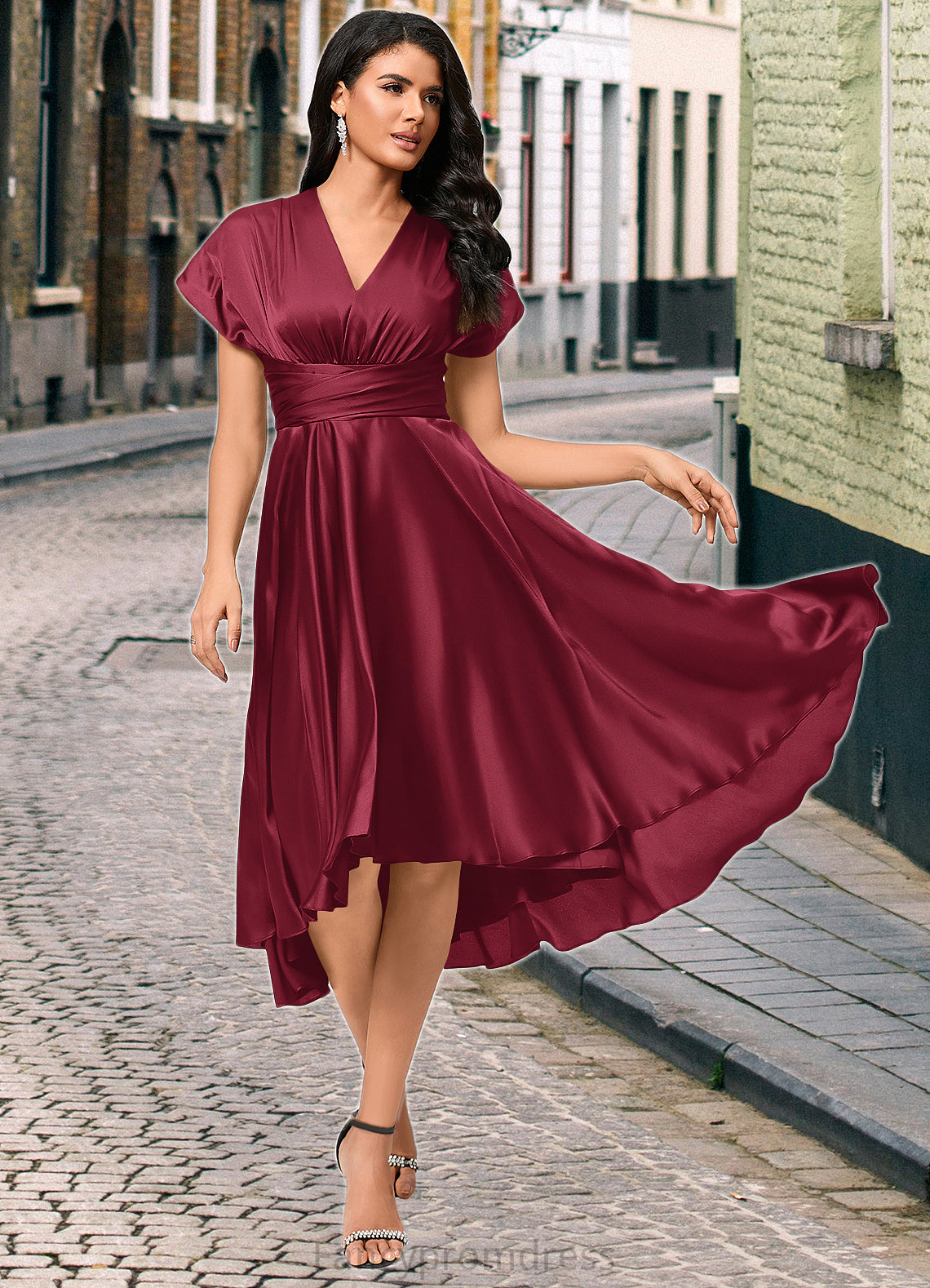 Elyse A-line Halter One Shoulder V-Neck Asymmetrical Silky Satin Cocktail Dress With Ruffle DRP0022280