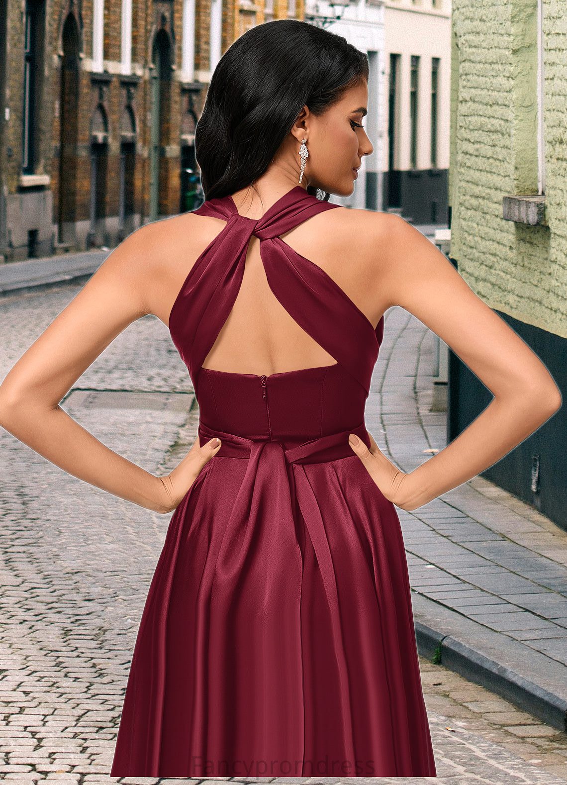 Elyse A-line Halter One Shoulder V-Neck Asymmetrical Silky Satin Cocktail Dress With Ruffle DRP0022280