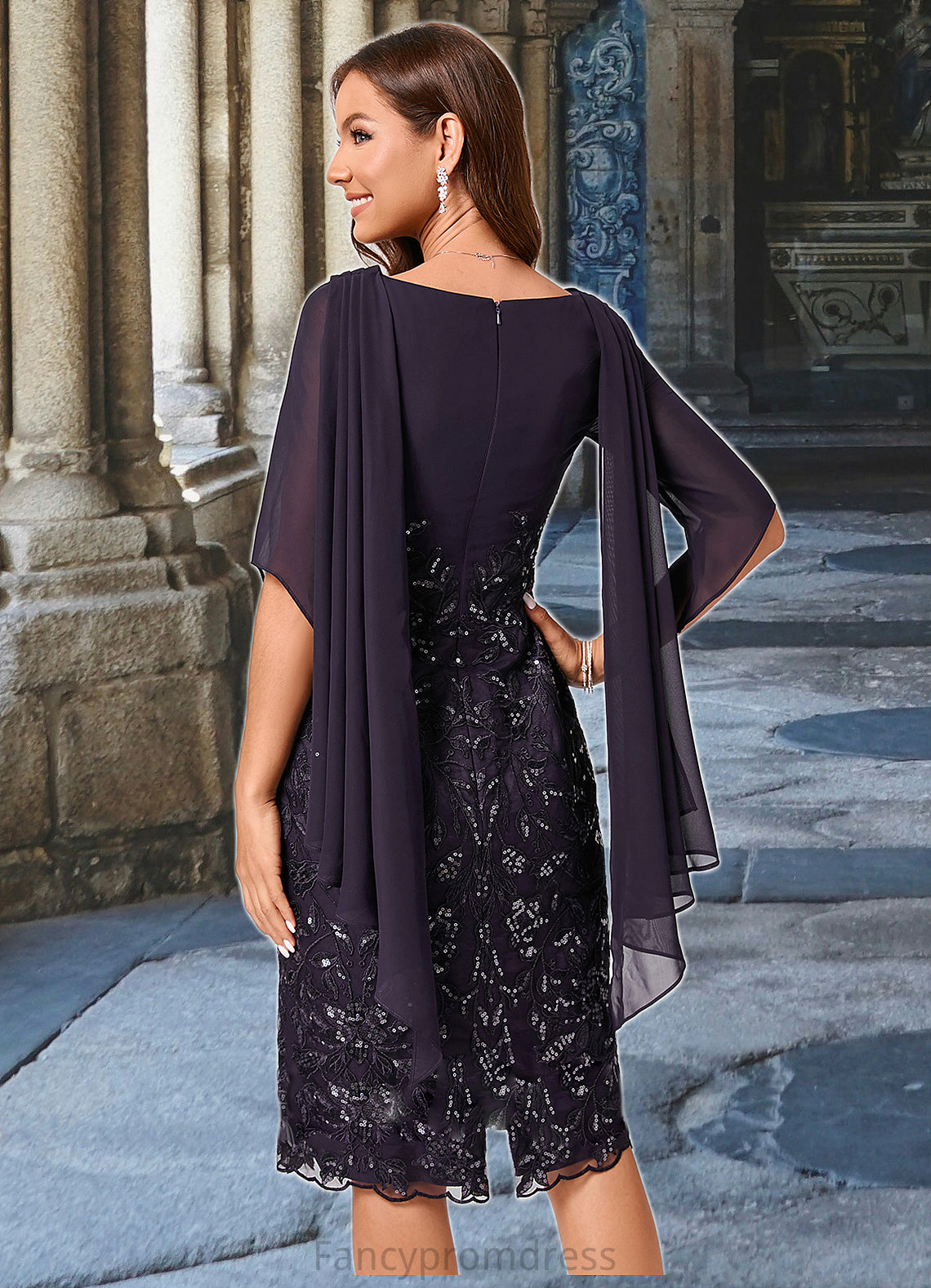 Viola Sheath/Column Cowl Knee-Length Chiffon Lace Cocktail Dress With Ruffle Sequins DRP0022287