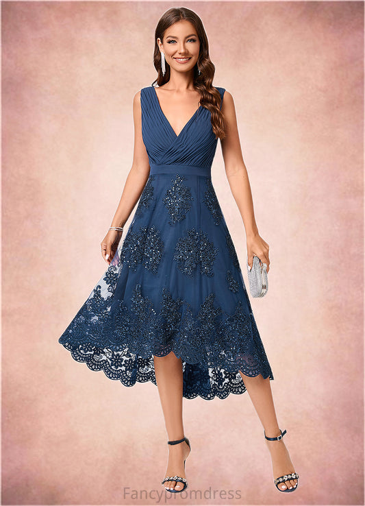 Anaya A-line V-Neck Asymmetrical Chiffon Lace Sequin Cocktail Dress With Pleated Sequins DRP0022288