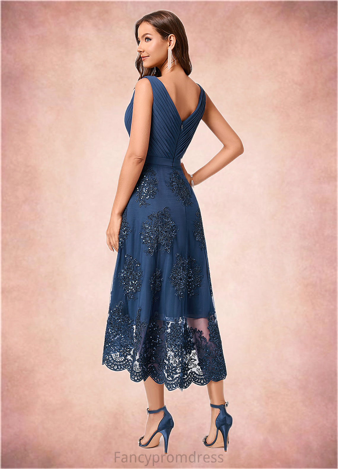 Anaya A-line V-Neck Asymmetrical Chiffon Lace Sequin Cocktail Dress With Pleated Sequins DRP0022288