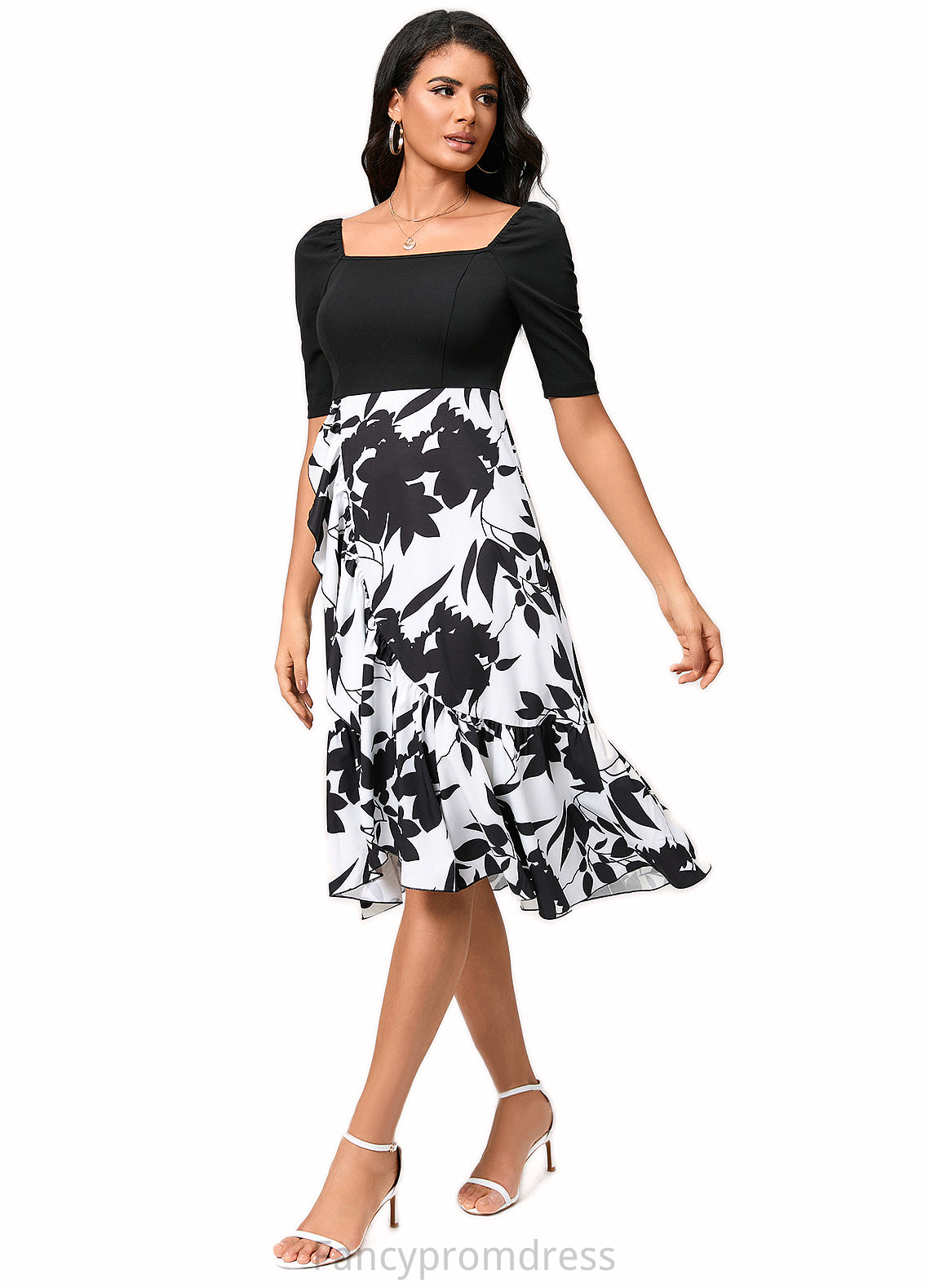 Janet A-line Square Asymmetrical Polyester Cocktail Dress With Cascading Ruffles DRP0022292