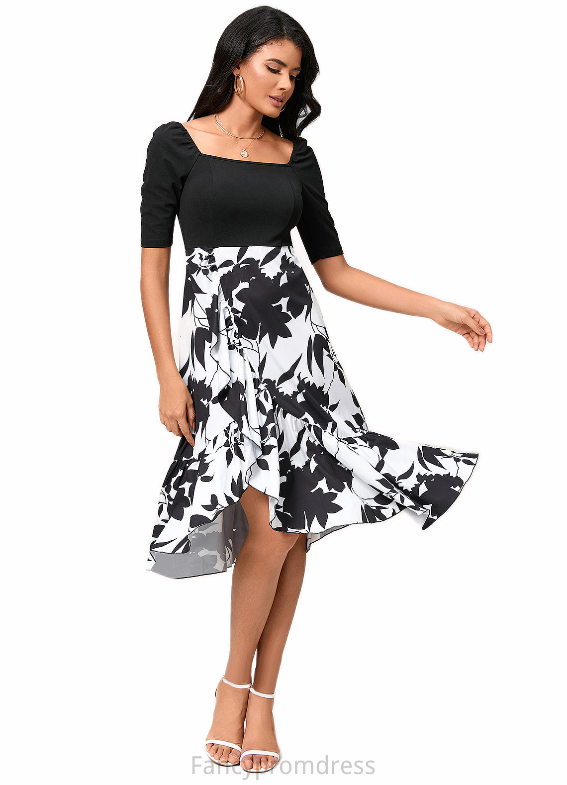 Janet A-line Square Asymmetrical Polyester Cocktail Dress With Cascading Ruffles DRP0022292