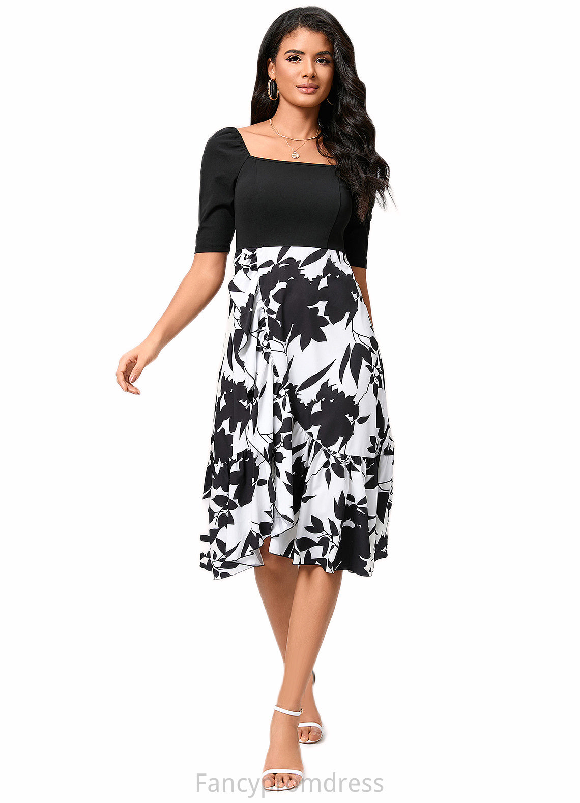 Janet A-line Square Asymmetrical Polyester Cocktail Dress With Cascading Ruffles DRP0022292