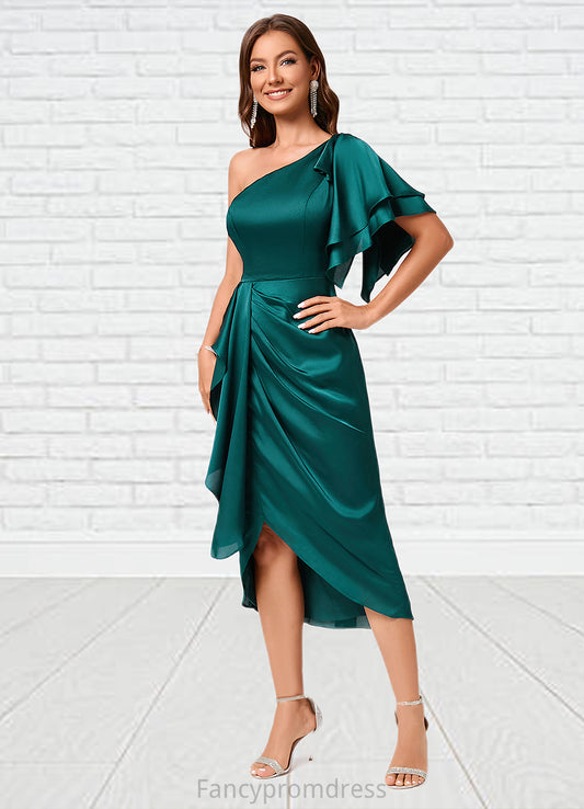 Tania Sheath/Column One Shoulder Asymmetrical Silky Satin Cocktail Dress With Ruffle DRP0022293