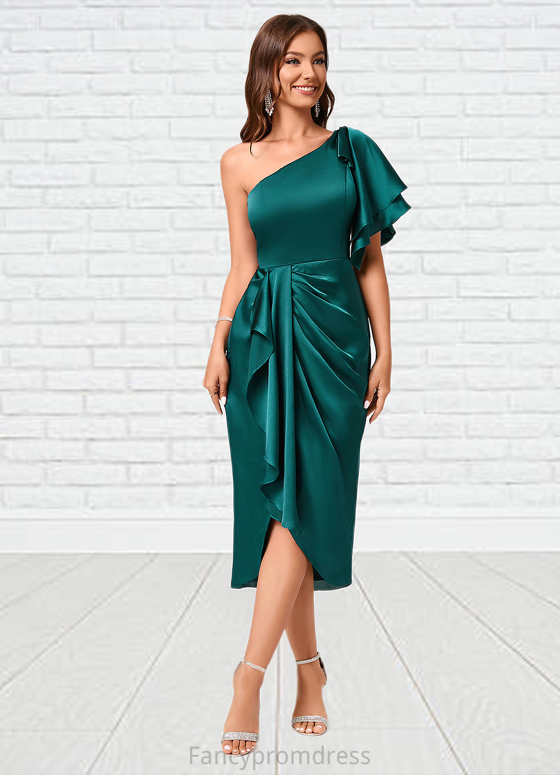 Tania Sheath/Column One Shoulder Asymmetrical Silky Satin Cocktail Dress With Ruffle DRP0022293