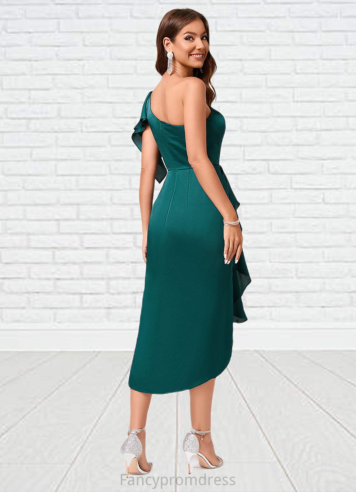 Tania Sheath/Column One Shoulder Asymmetrical Silky Satin Cocktail Dress With Ruffle DRP0022293