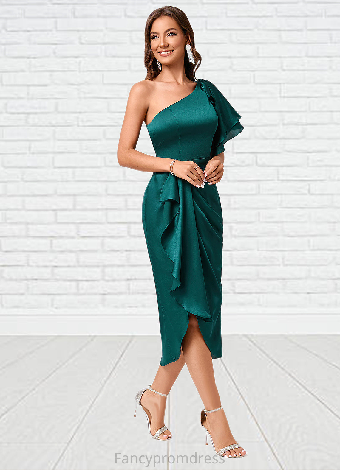 Tania Sheath/Column One Shoulder Asymmetrical Silky Satin Cocktail Dress With Ruffle DRP0022293