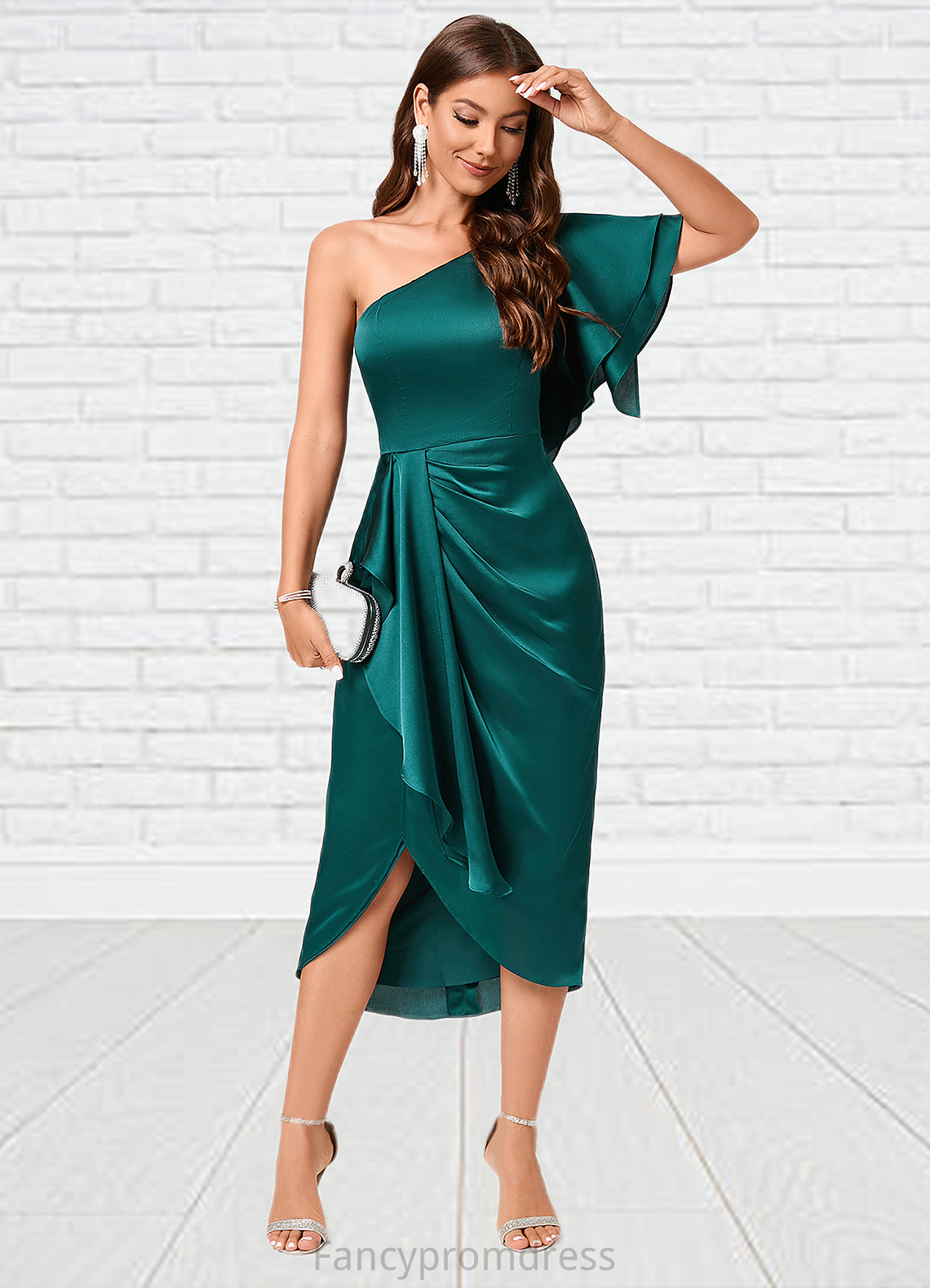 Tania Sheath/Column One Shoulder Asymmetrical Silky Satin Cocktail Dress With Ruffle DRP0022293