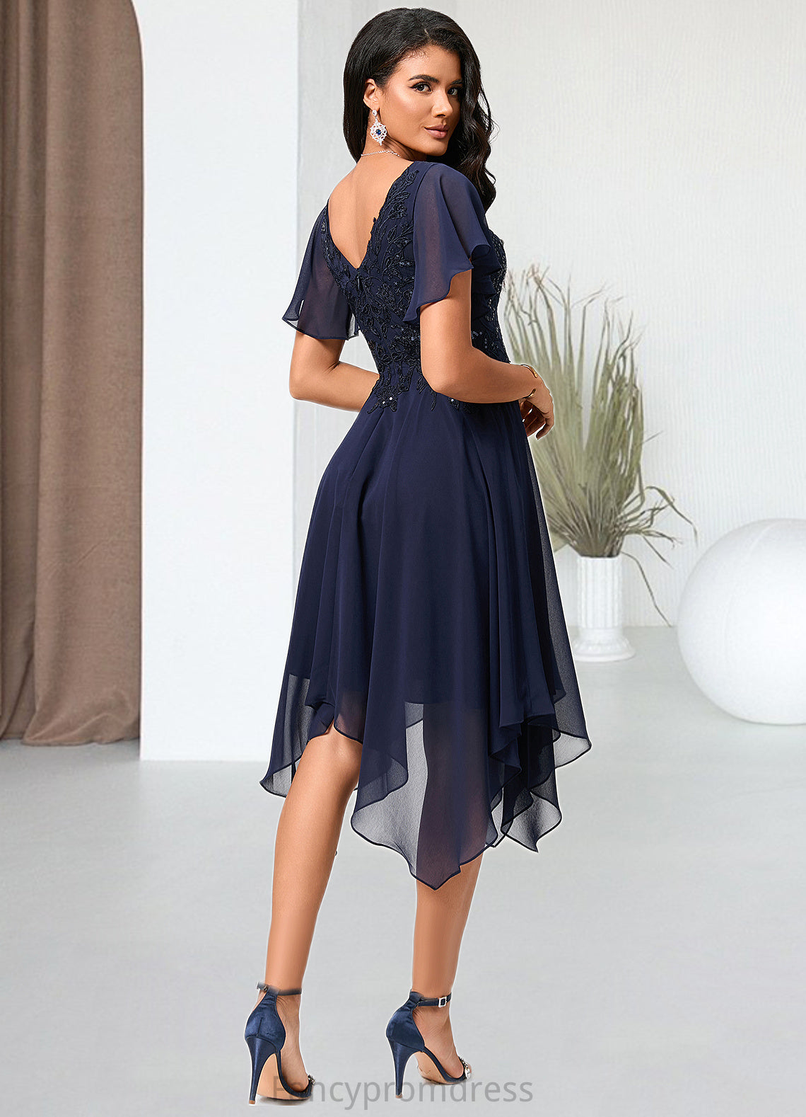 Lainey A-line V-Neck Tea-Length Chiffon Cocktail Dress With Sequins DRP0022296