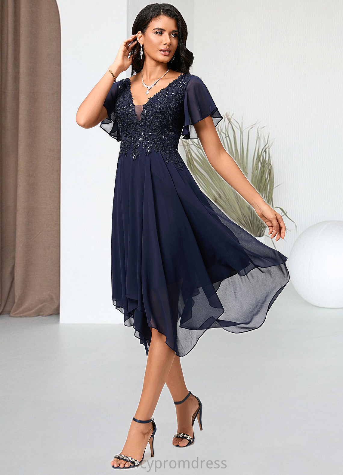 Lainey A-line V-Neck Tea-Length Chiffon Cocktail Dress With Sequins DRP0022296