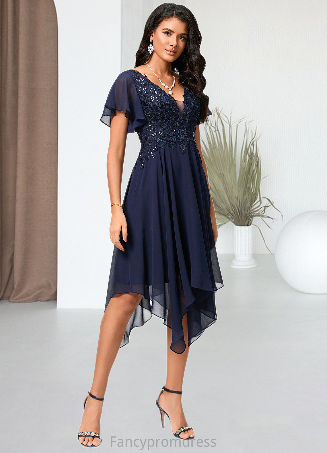 Lainey A-line V-Neck Tea-Length Chiffon Cocktail Dress With Sequins DRP0022296