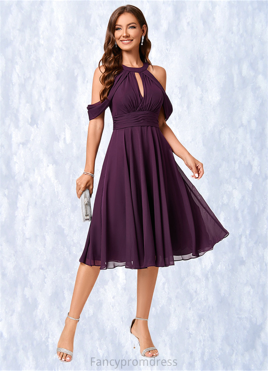 Joselyn A-line Cold Shoulder Scoop Knee-Length Chiffon Cocktail Dress With Ruffle DRP0022302