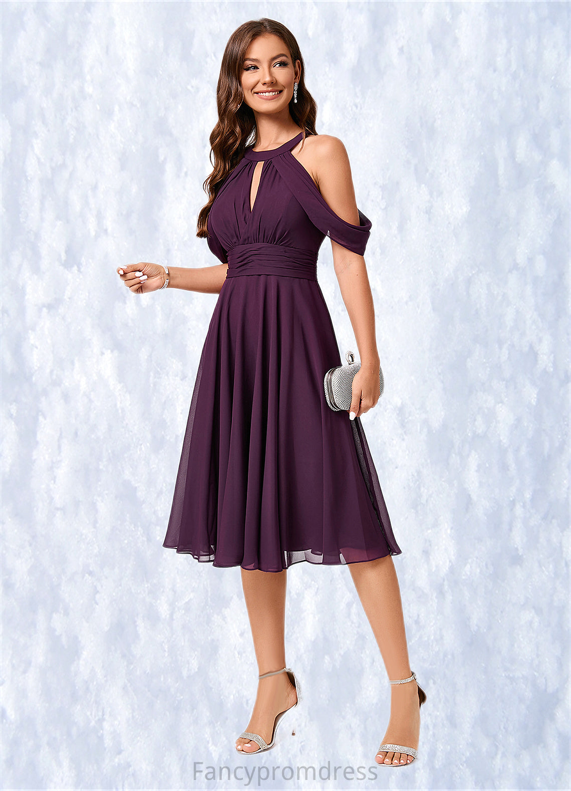 Joselyn A-line Cold Shoulder Scoop Knee-Length Chiffon Cocktail Dress With Ruffle DRP0022302