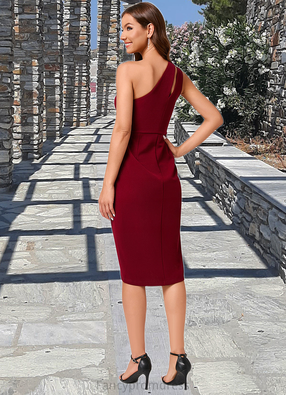 Adeline Sheath/Column One Shoulder Asymmetrical Stretch Crepe Cocktail Dress With Ruffle DRP0022308