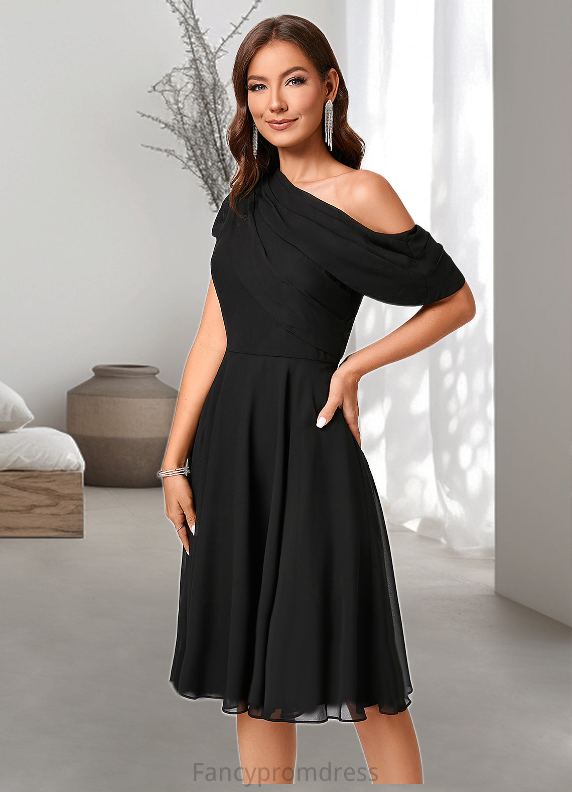 Julia A-line One Shoulder Knee-Length Chiffon Cocktail Dress With Ruffle DRP0022309