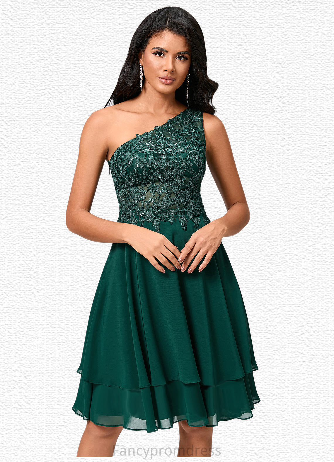 Gracelyn A-line One Shoulder Knee-Length Chiffon Lace Cocktail Dress With Sequins DRP0022313