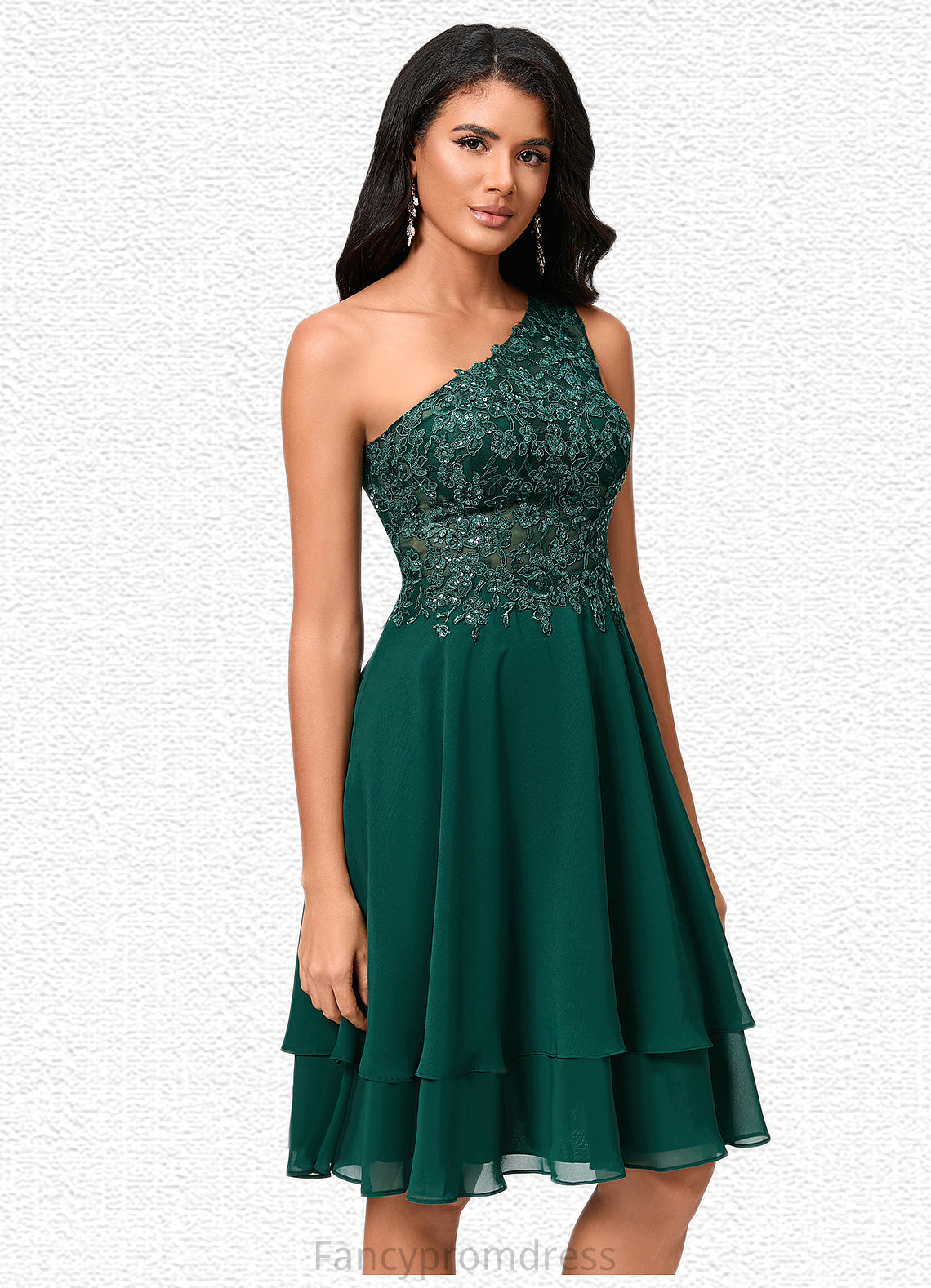 Gracelyn A-line One Shoulder Knee-Length Chiffon Lace Cocktail Dress With Sequins DRP0022313