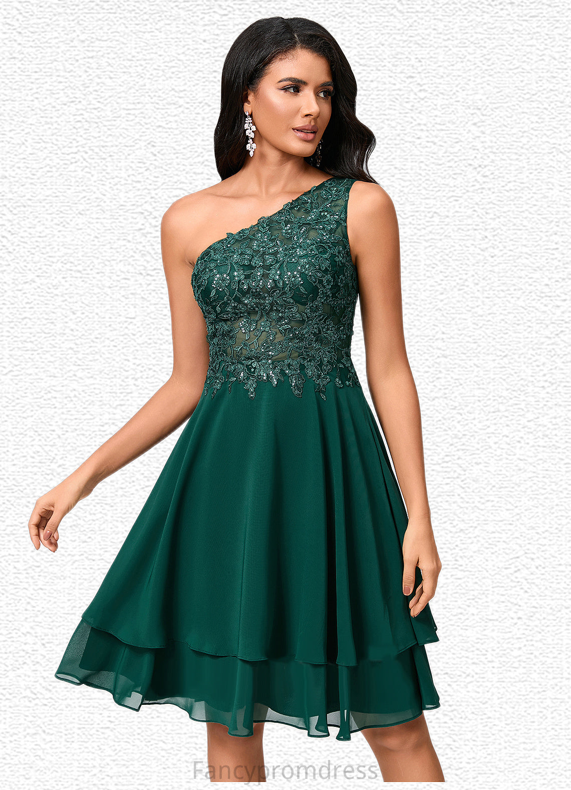 Gracelyn A-line One Shoulder Knee-Length Chiffon Lace Cocktail Dress With Sequins DRP0022313