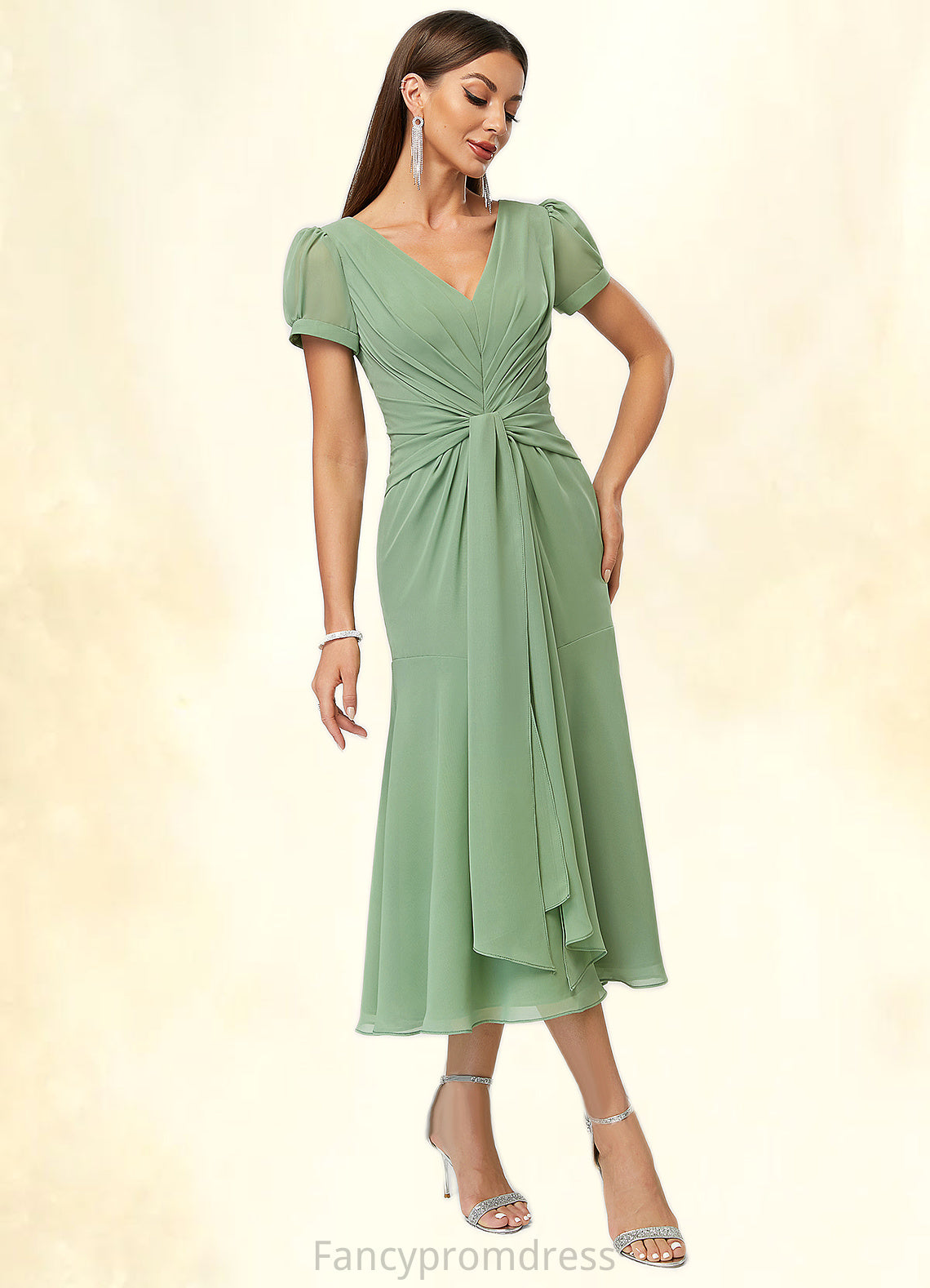 Clare Trumpet/Mermaid V-Neck Tea-Length Chiffon Cocktail Dress With Pleated DRP0022315