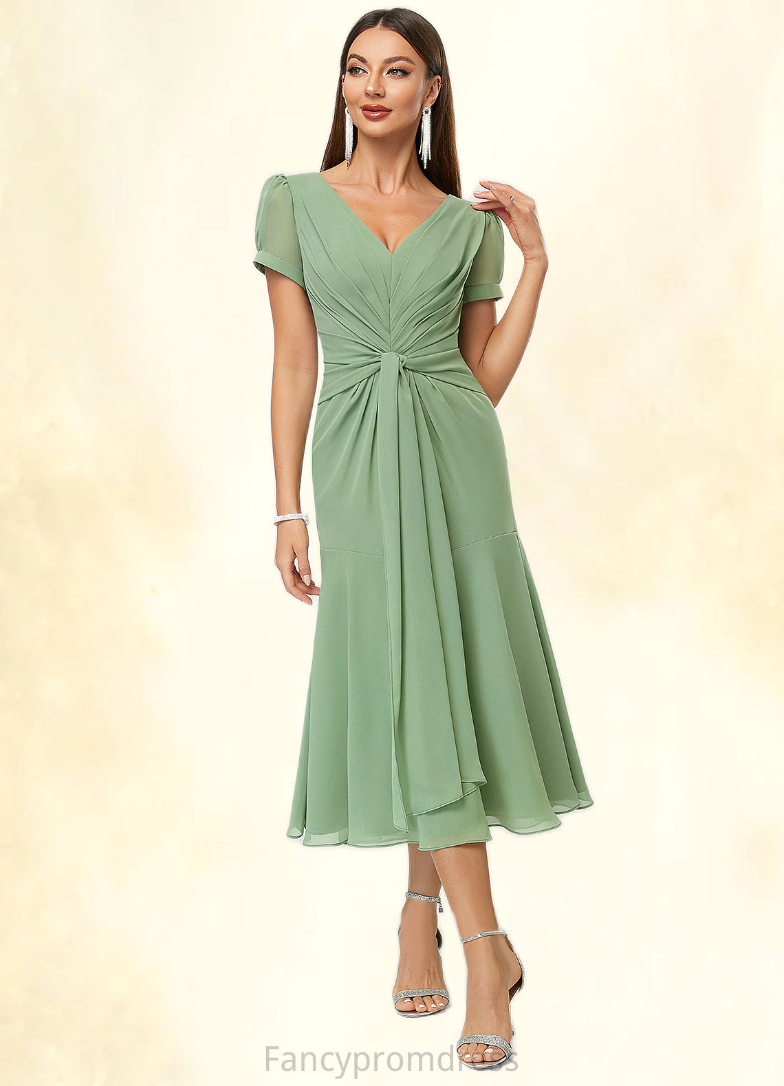 Clare Trumpet/Mermaid V-Neck Tea-Length Chiffon Cocktail Dress With Pleated DRP0022315