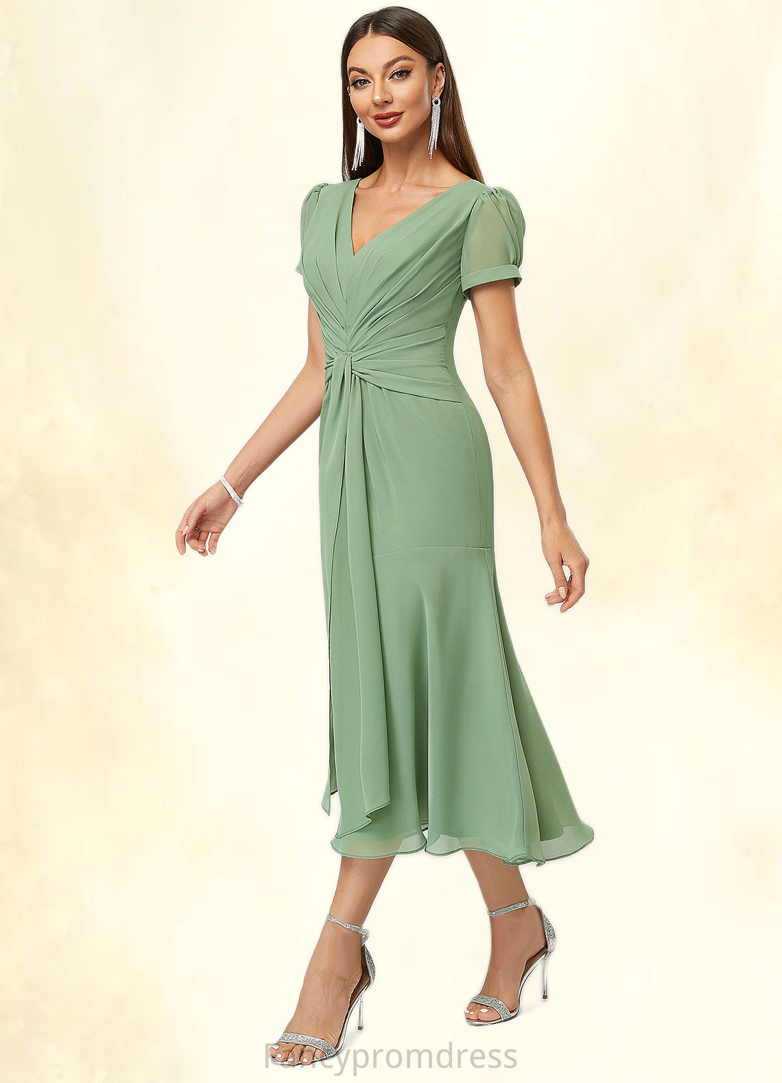 Clare Trumpet/Mermaid V-Neck Tea-Length Chiffon Cocktail Dress With Pleated DRP0022315