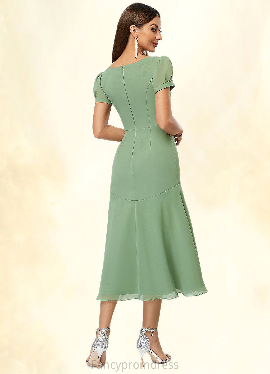 Clare Trumpet/Mermaid V-Neck Tea-Length Chiffon Cocktail Dress With Pleated DRP0022315