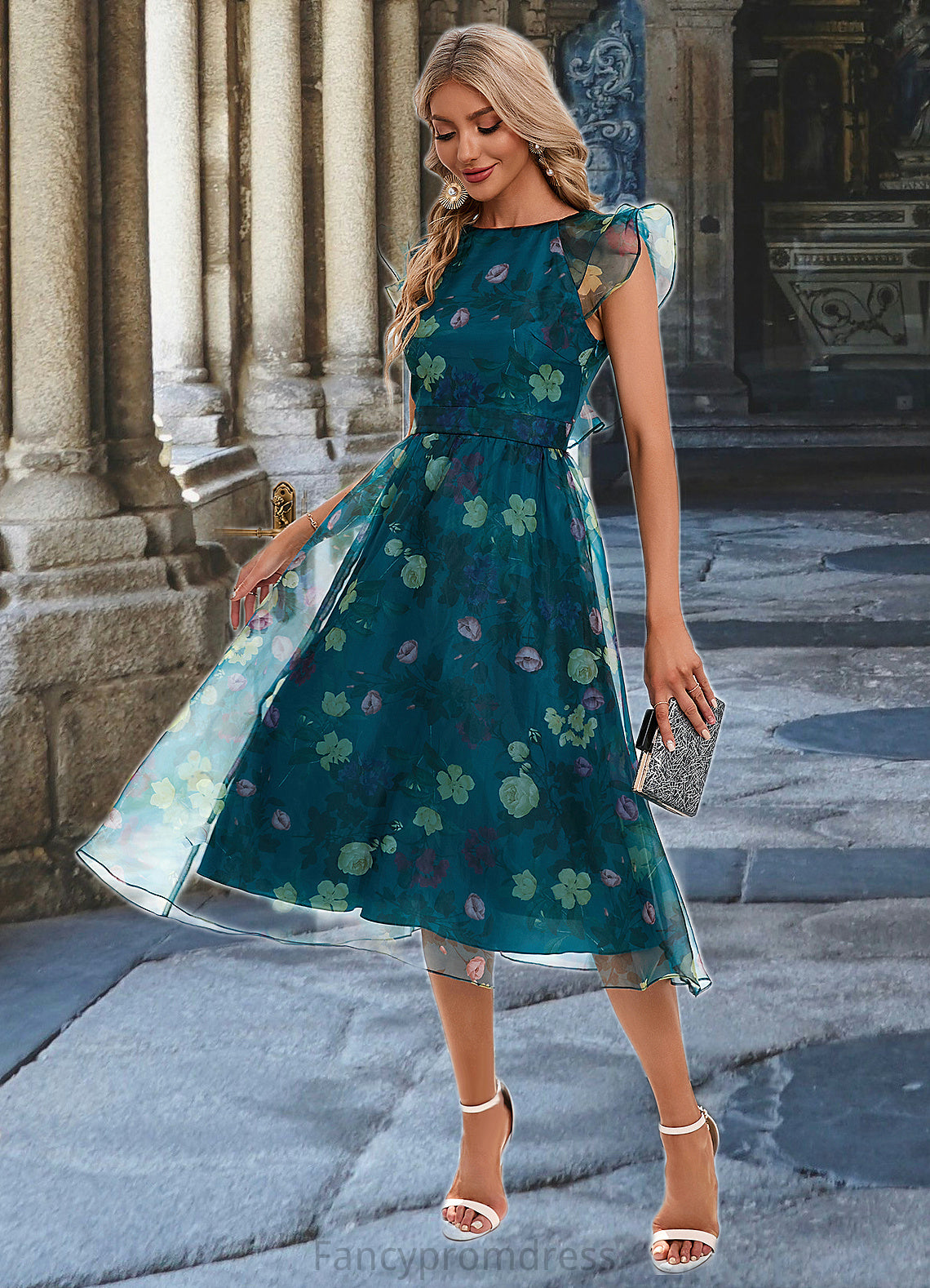 Itzel Floral Print Scoop Elegant A-line Organza Midi Dresses DRP0022318