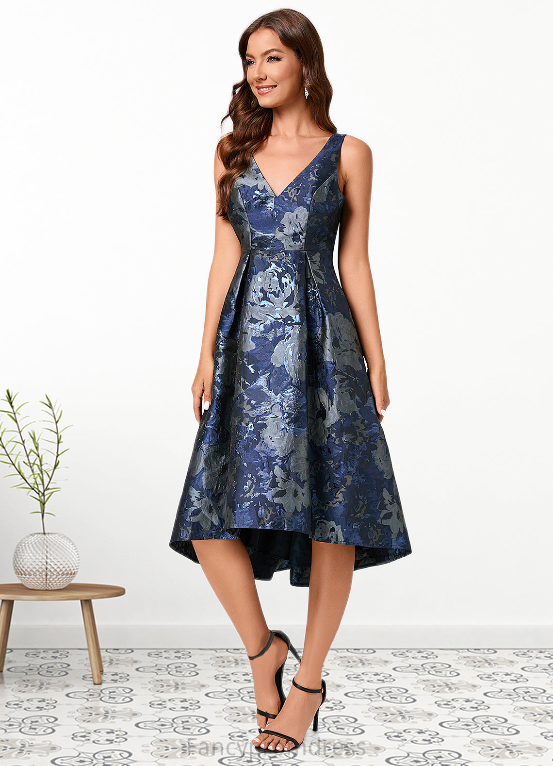 Kaylie A-line V-Neck Asymmetrical Jacquard Cocktail Dress With Flower DRP0022321