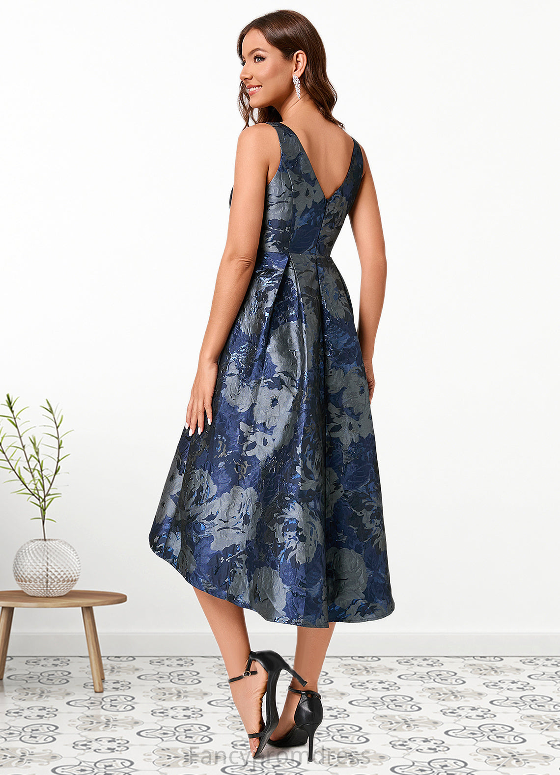 Kaylie A-line V-Neck Asymmetrical Jacquard Cocktail Dress With Flower DRP0022321