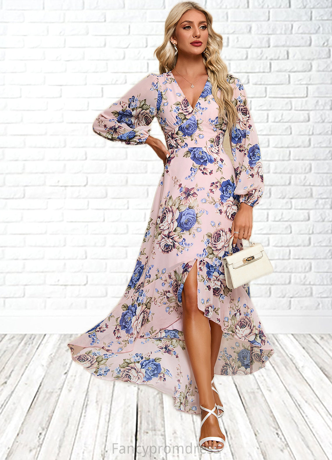 Madeline Ruffle Floral Print V-Neck Elegant A-line Chiffon Asymmetrical Dresses DRP0022327