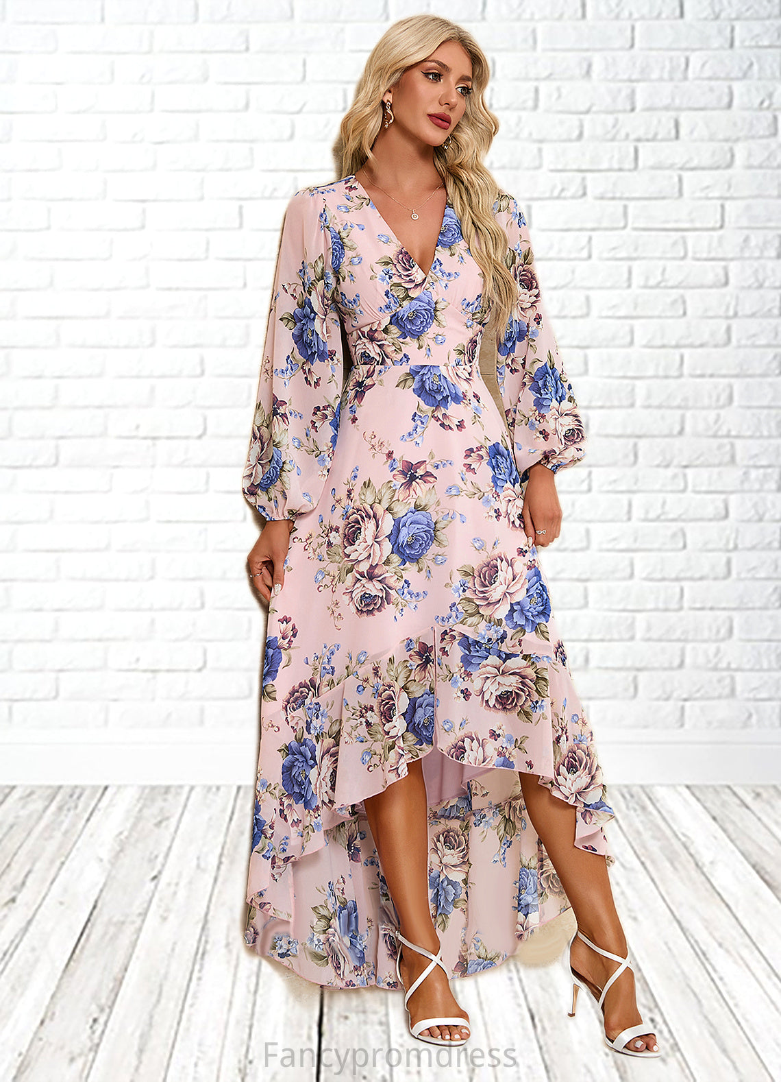 Madeline Ruffle Floral Print V-Neck Elegant A-line Chiffon Asymmetrical Dresses DRP0022327