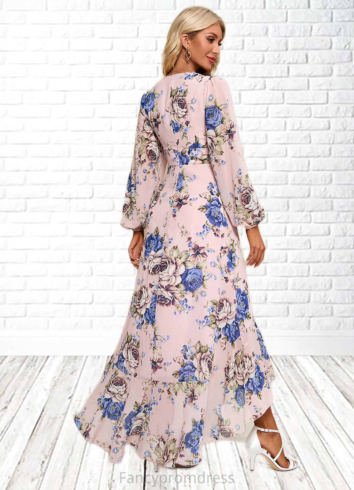 Madeline Ruffle Floral Print V-Neck Elegant A-line Chiffon Asymmetrical Dresses DRP0022327