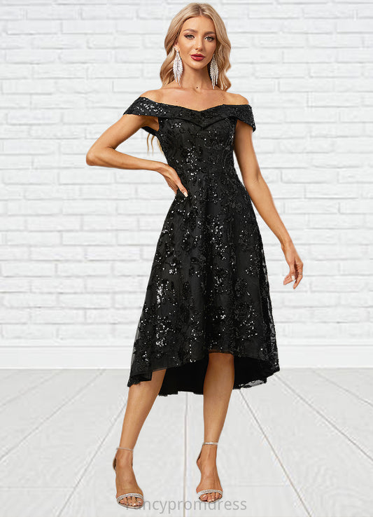 Natalia A-line Off the Shoulder Asymmetrical Lace Sequin Cocktail Dress With Sequins DRP0022328