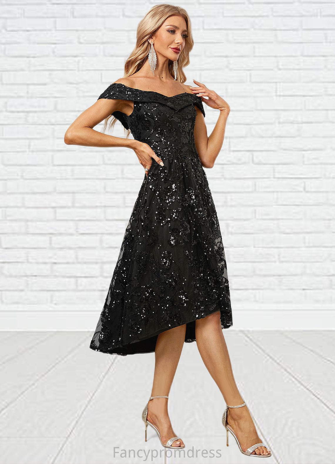 Natalia A-line Off the Shoulder Asymmetrical Lace Sequin Cocktail Dress With Sequins DRP0022328