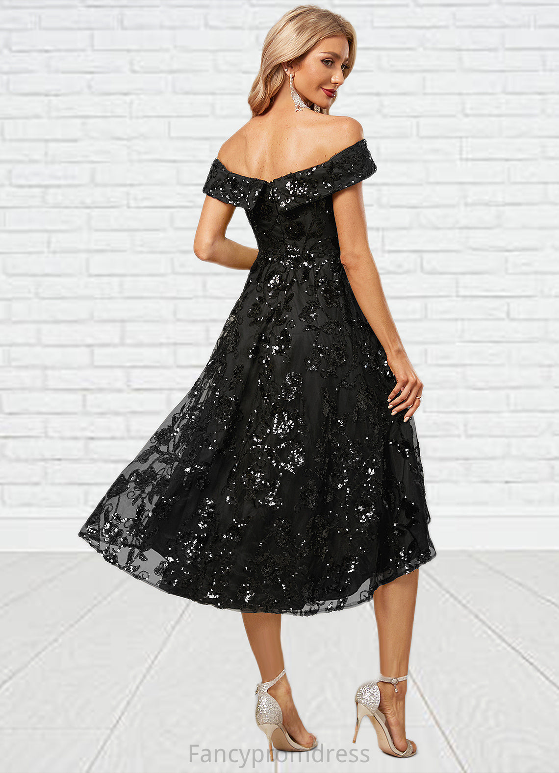 Natalia A-line Off the Shoulder Asymmetrical Lace Sequin Cocktail Dress With Sequins DRP0022328