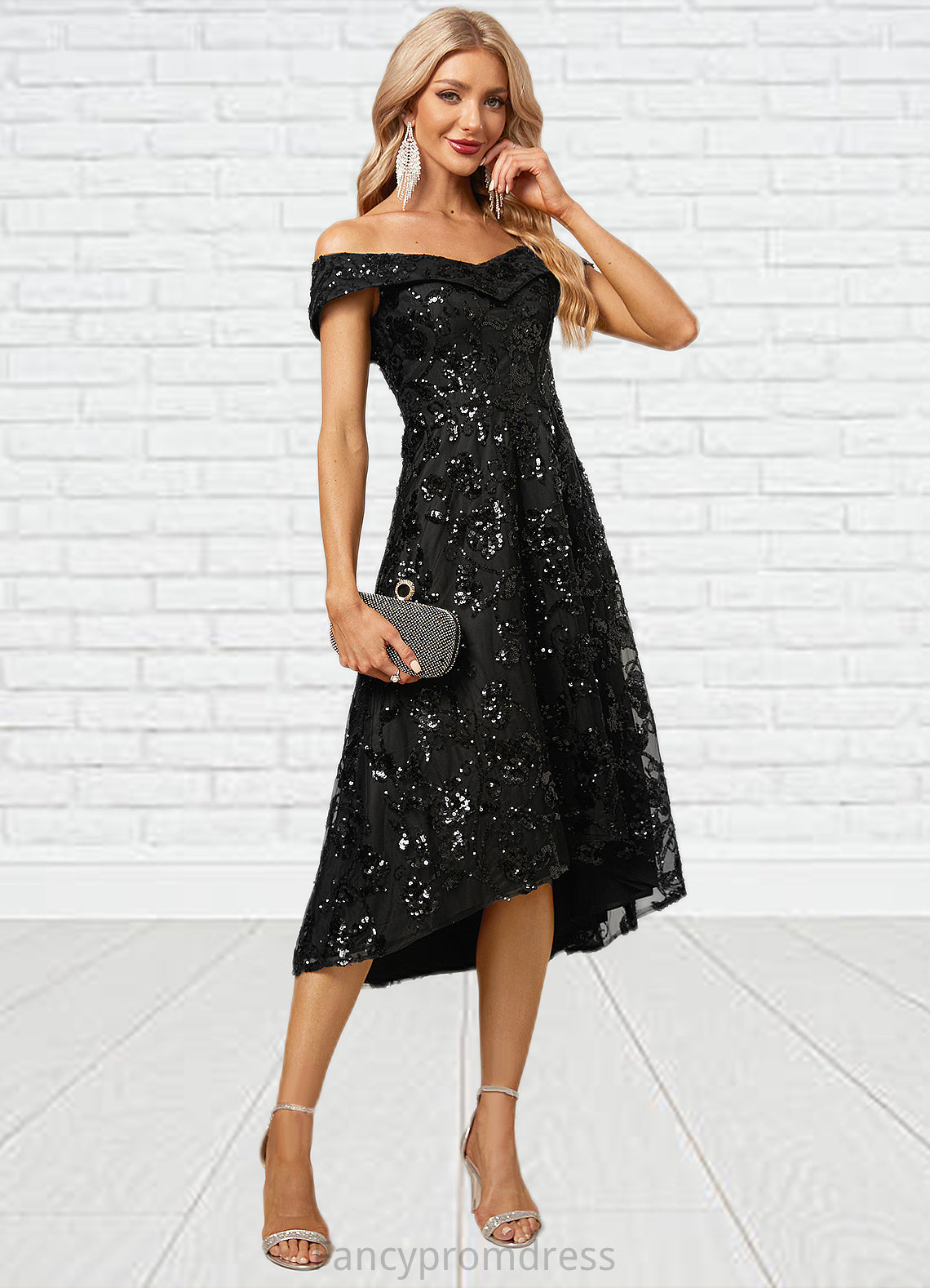 Natalia A-line Off the Shoulder Asymmetrical Lace Sequin Cocktail Dress With Sequins DRP0022328