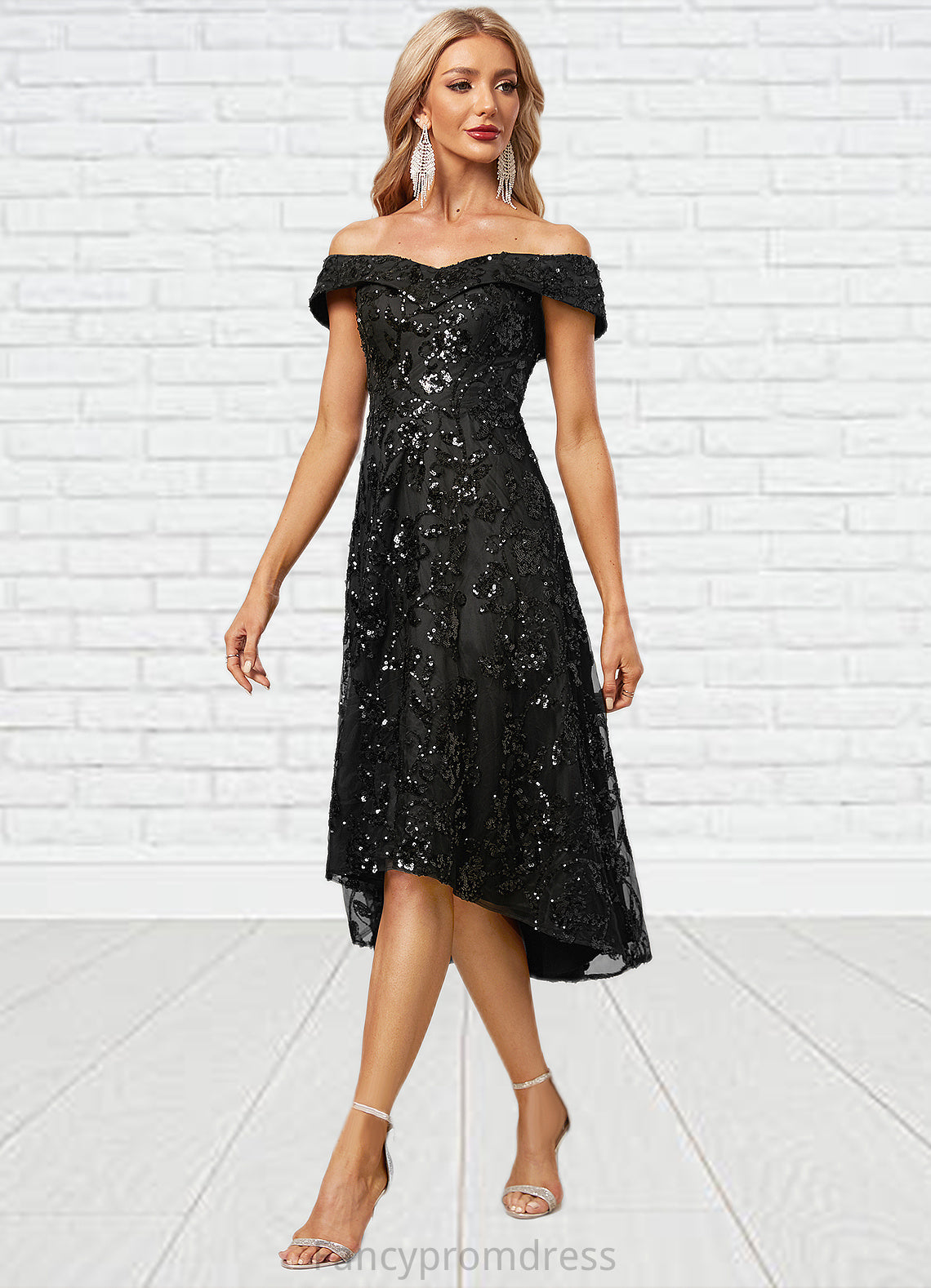 Natalia A-line Off the Shoulder Asymmetrical Lace Sequin Cocktail Dress With Sequins DRP0022328