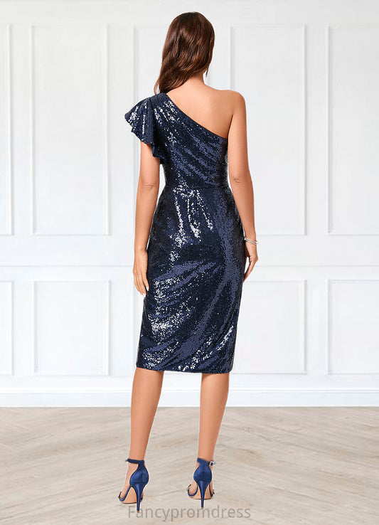 Katharine Sheath/Column One Shoulder Knee-Length Sequin Cocktail Dress With Ruffle Sequins DRP0022330