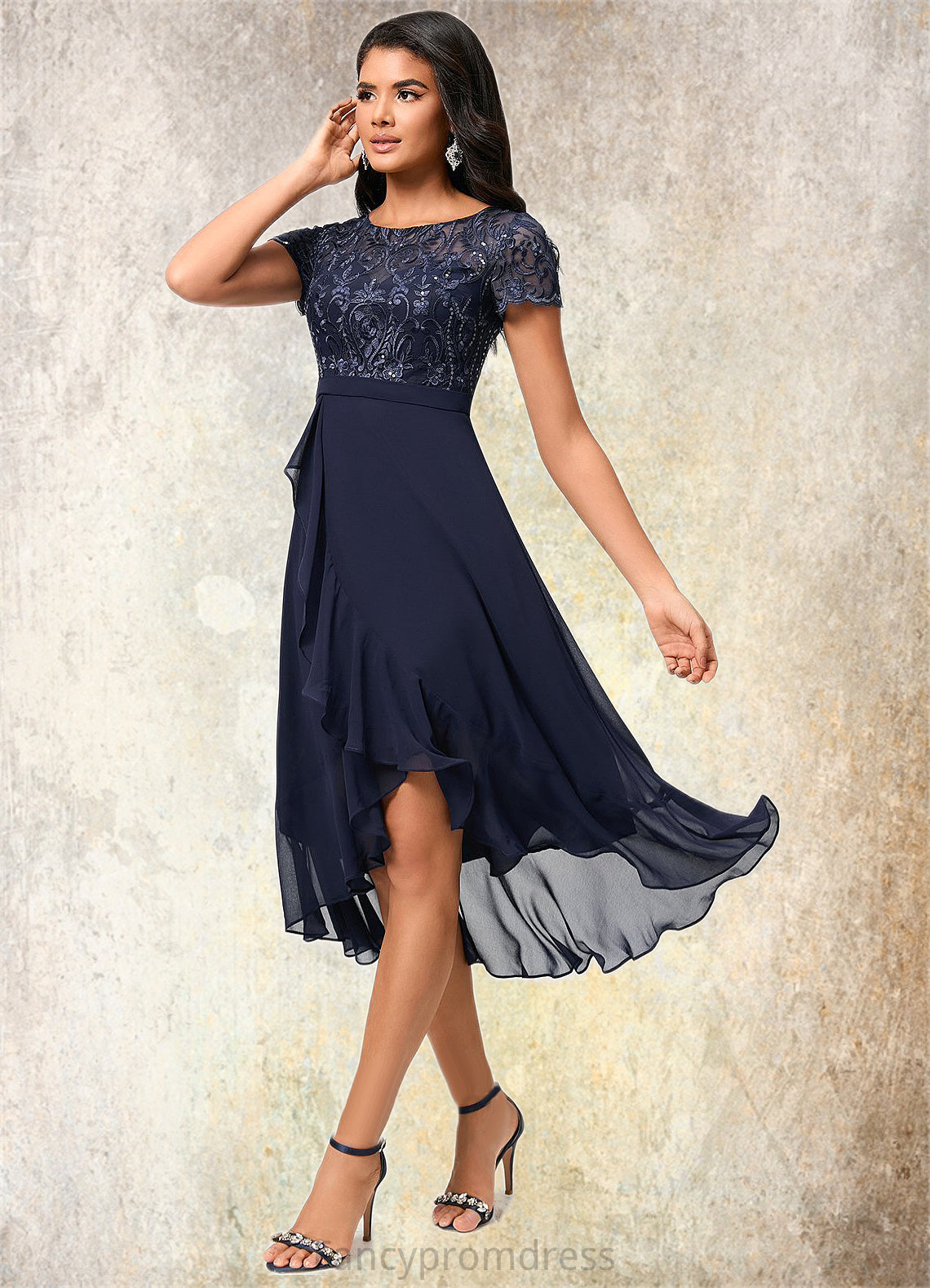 Lizeth A-line Scoop Asymmetrical Chiffon Lace Cocktail Dress With Cascading Ruffles DRP0022334