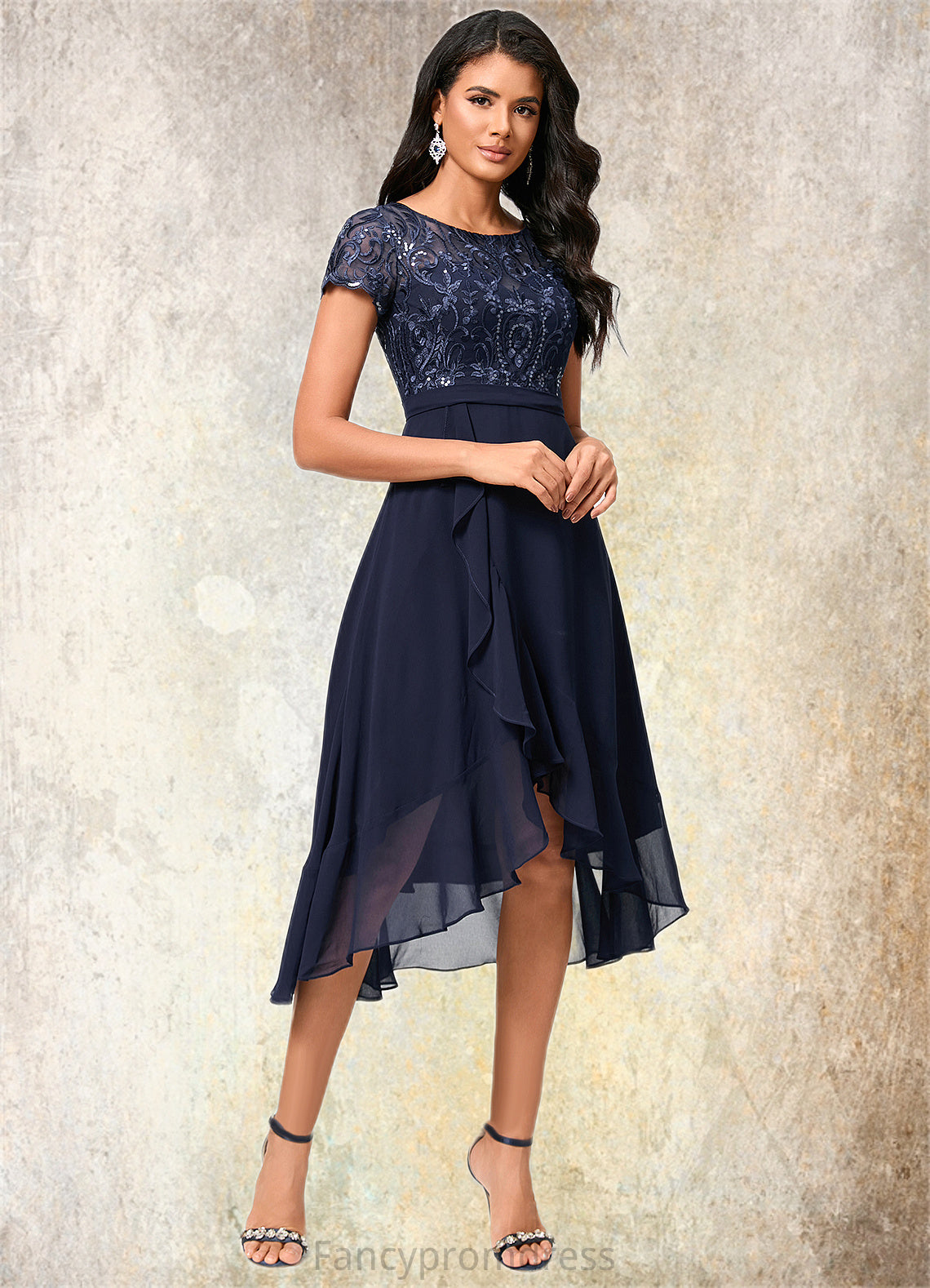 Lizeth A-line Scoop Asymmetrical Chiffon Lace Cocktail Dress With Cascading Ruffles DRP0022334