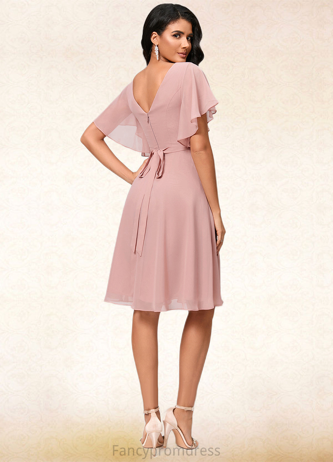 Ava A-line V-Neck Knee-Length Chiffon Cocktail Dress With Ruffle DRP0022335