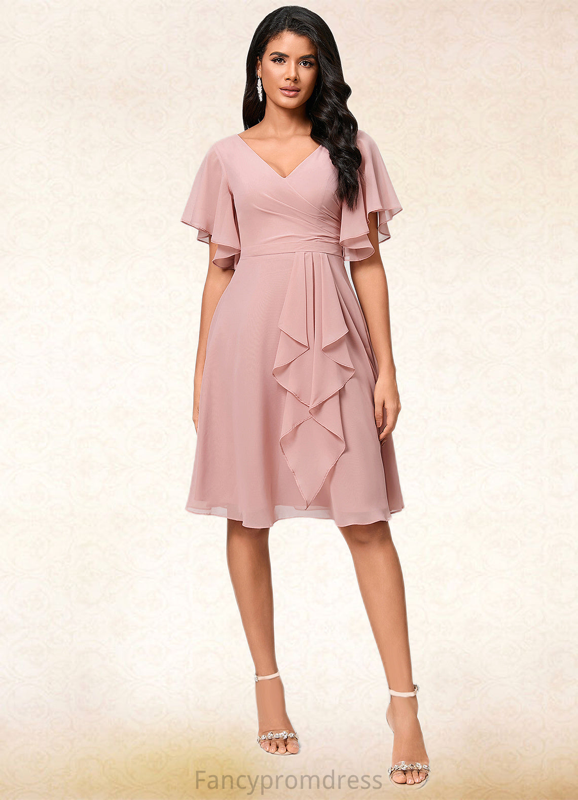 Ava A-line V-Neck Knee-Length Chiffon Cocktail Dress With Ruffle DRP0022335