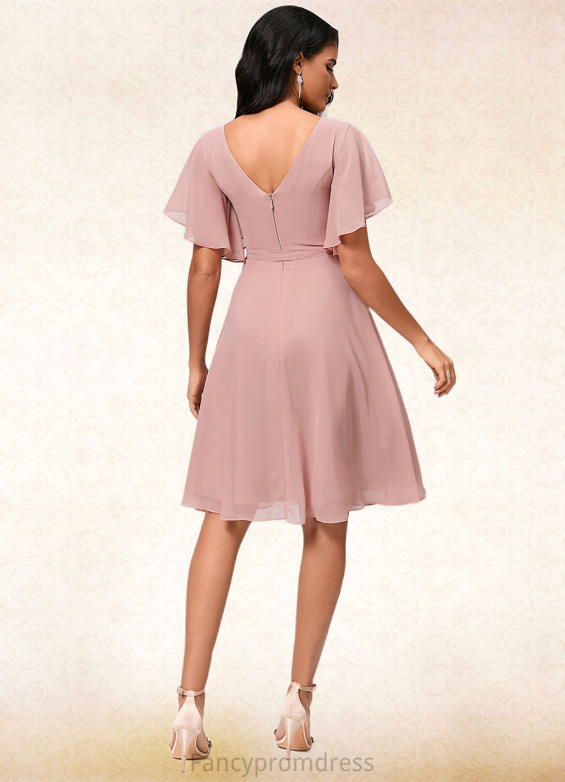 Ava A-line V-Neck Knee-Length Chiffon Cocktail Dress With Ruffle DRP0022335