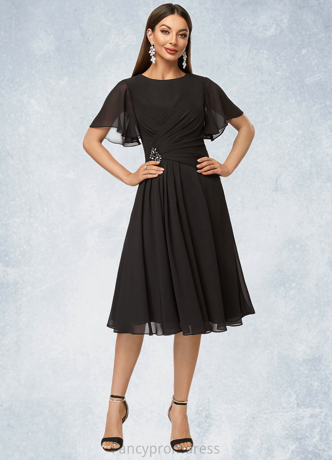 Tracy A-line Scoop Knee-Length Chiffon Cocktail Dress With Beading Pleated DRP0022336